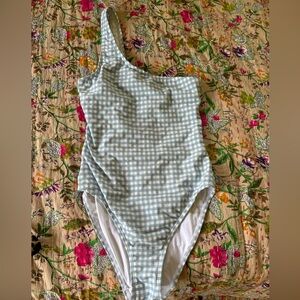 Bought on Farm Rio NWOT blue and white checked swim suit one shoulder xsmall